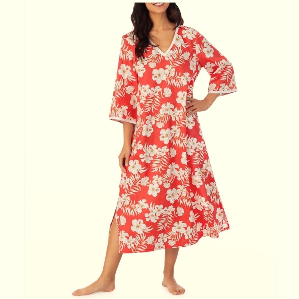 BedHead Aloha Hibiscus Organic Cotton Caftan Nightgown S/M Neiman Marcus V Neck